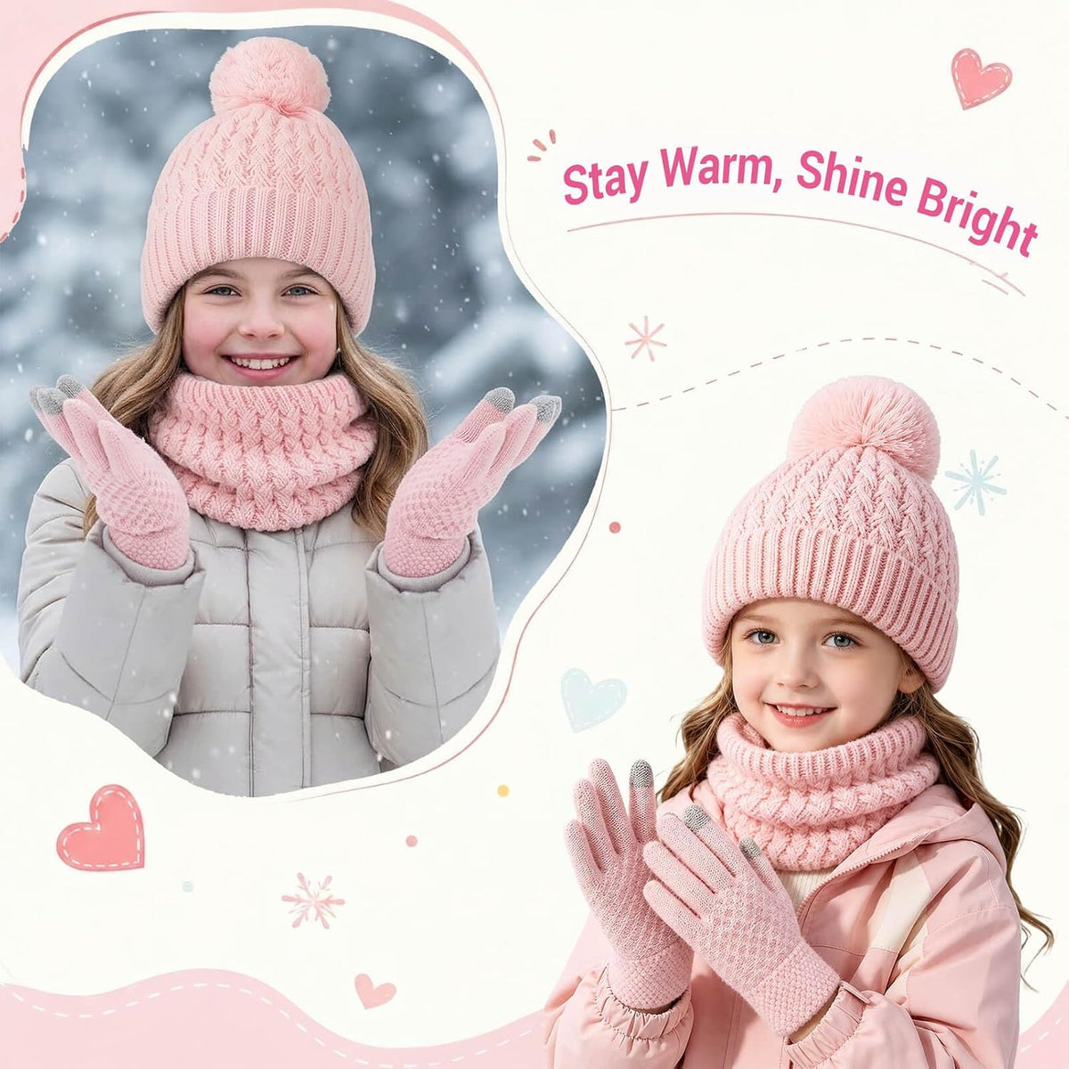 BQUBO Kids Winter Hat Gloves Scarf Set, Unisex Children Beanie Hat with Pom