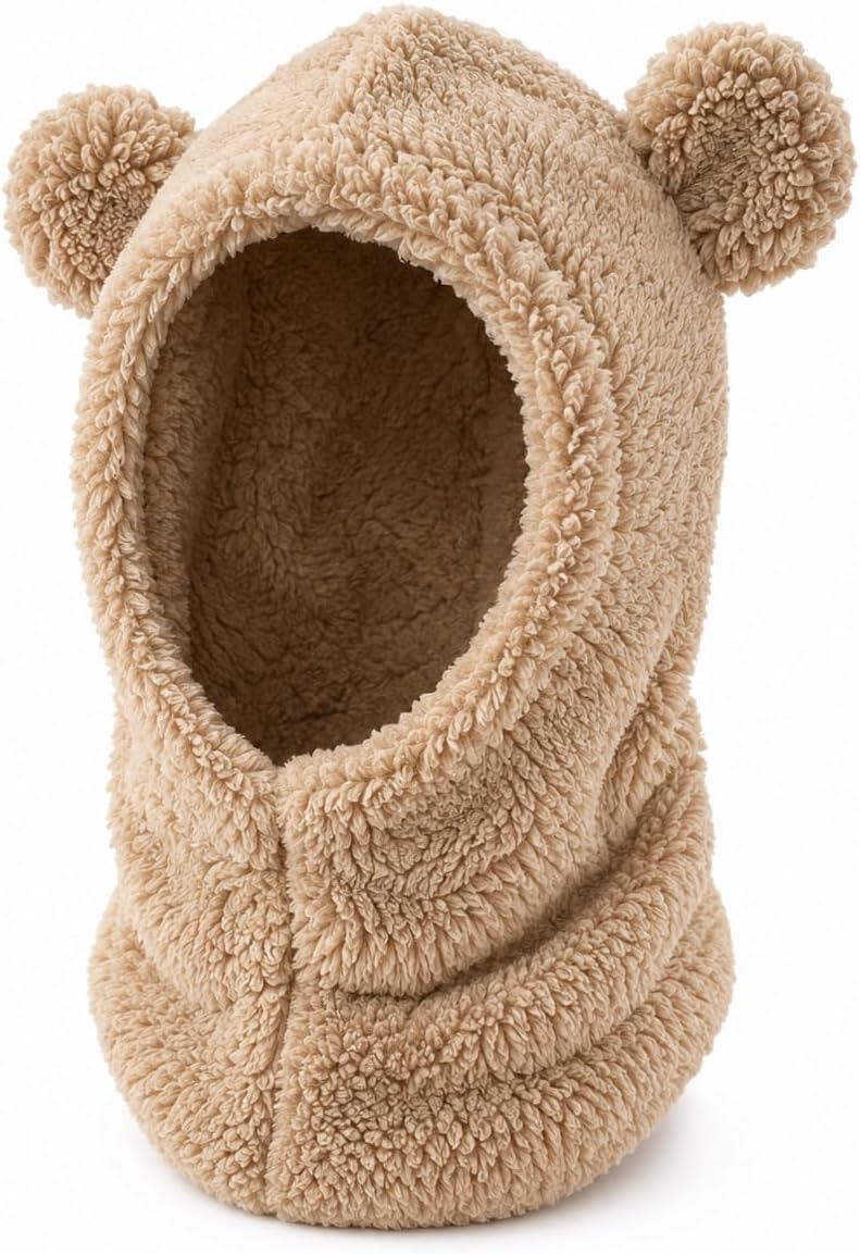 2 in 1 Kids Bear Hat Scarf Toddler Balaclava Winter Warm Beanies Cap Thick Fleece Skull Caps for Boys Girls