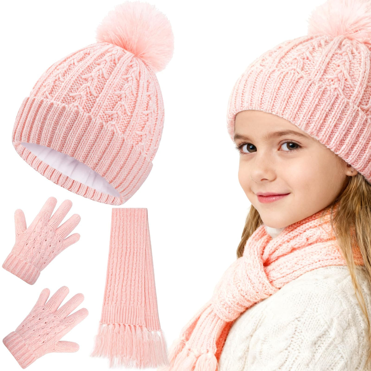 Girls Winter Hat Scarf Gloves Set, Toddler Fleece Lined Beanie Hat with Pom Rainbow Hat Scarf Mittens for Girl 4-15 Year