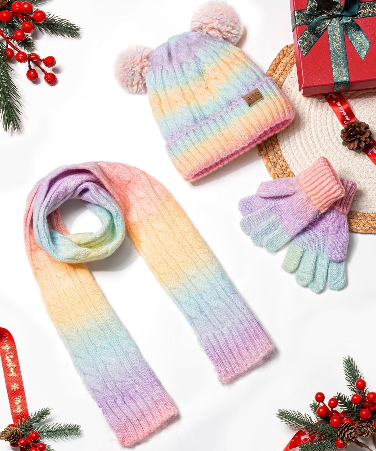 Kids Winter Hat Scarf Gloves Set, Toddler Girl Boy 8% Wool Fleece Lined Pom Beanie Knit Neck Mittens Children Christmas Gifts
