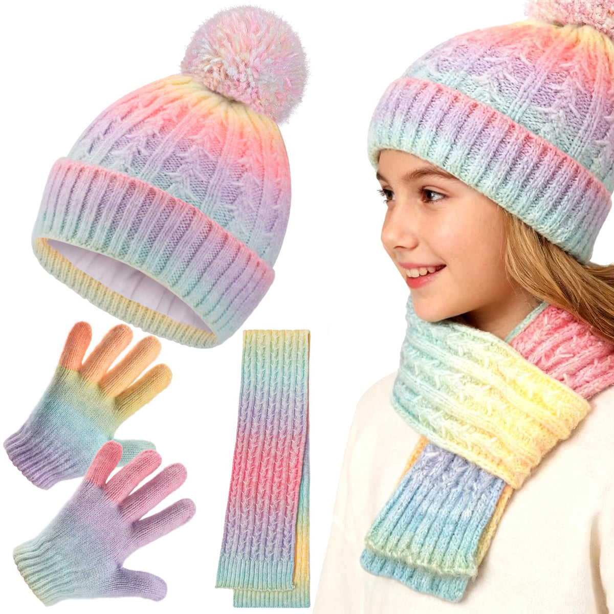 Girls Winter Hat Scarf Gloves Set, Toddler Fleece Lined Beanie Hat with Pom Rainbow Hat Scarf Mittens for Girl 4-15 Year