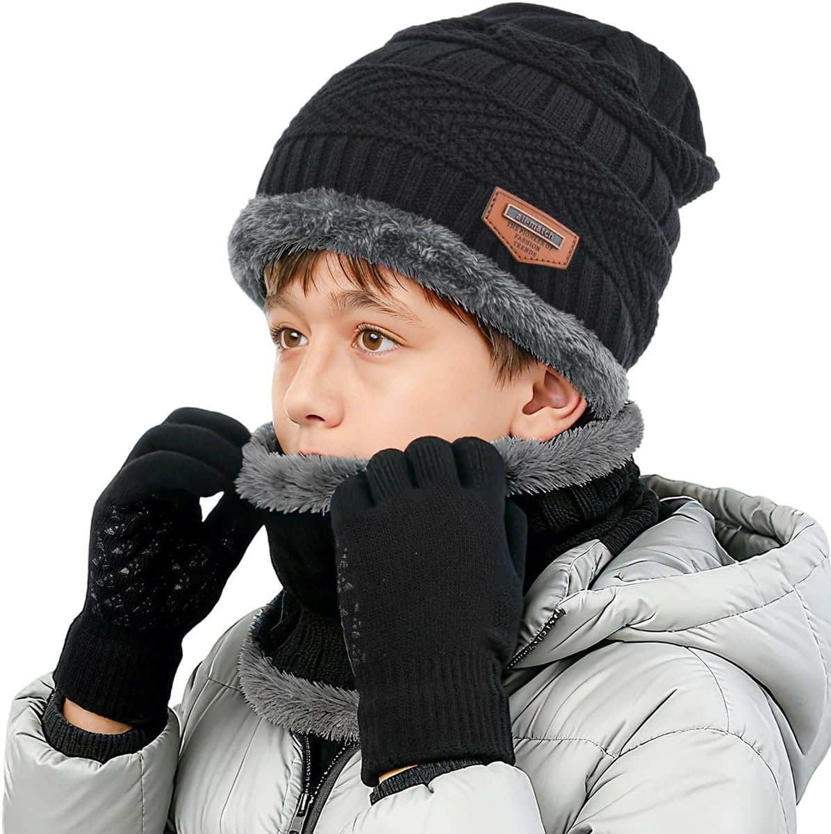 Kids Winter Hat Scarf&Touchscreen Gloves Set,Knitted Beanie with Fleece Lining, Neck Warmer for Boys Girls 4-15 Years