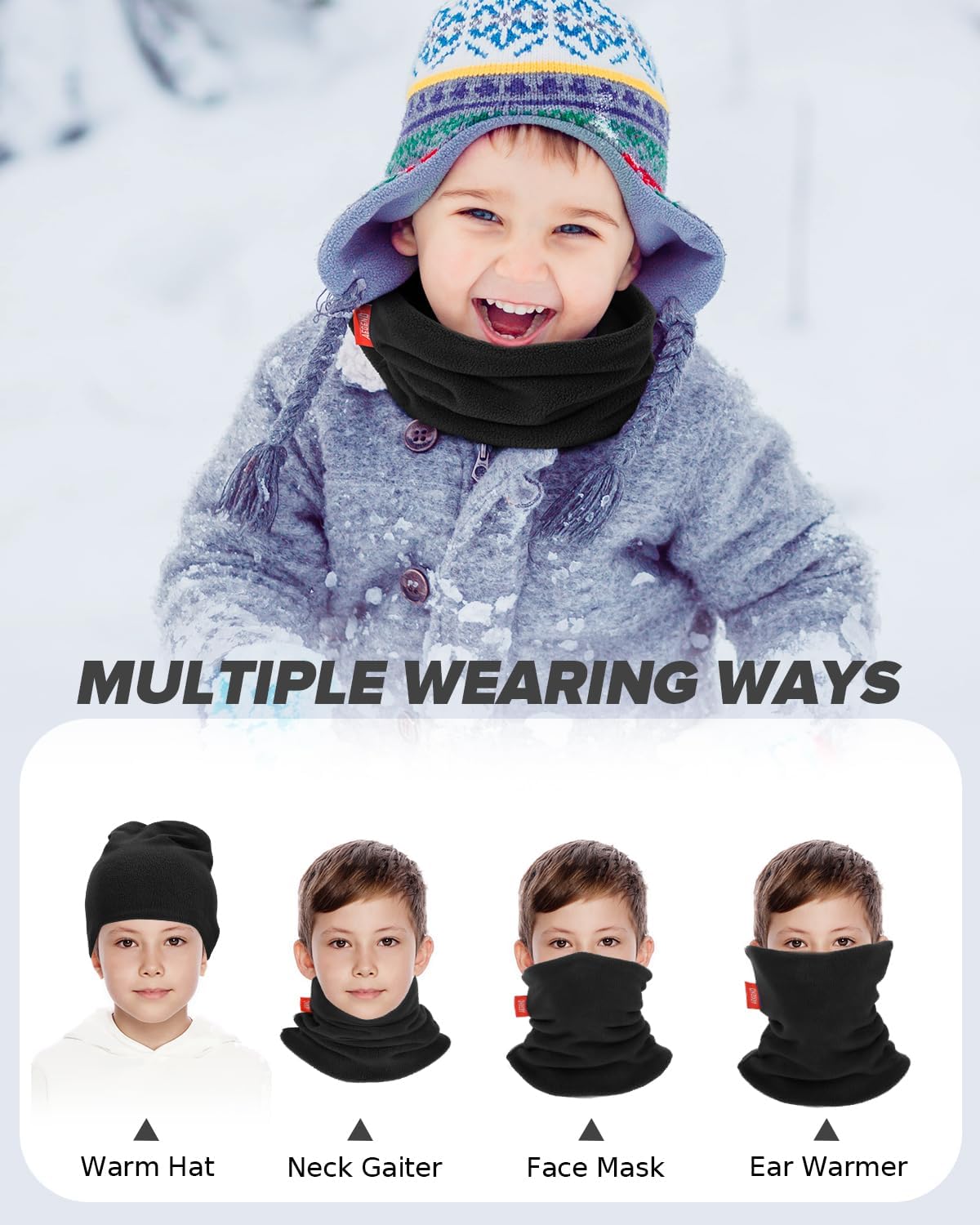Aegend Neck Warmer for Kids 2 Pack, Double-Layer Fleece Ski Neck Gaiter for Boys Girls Youth Winter Cold Weather Scarf