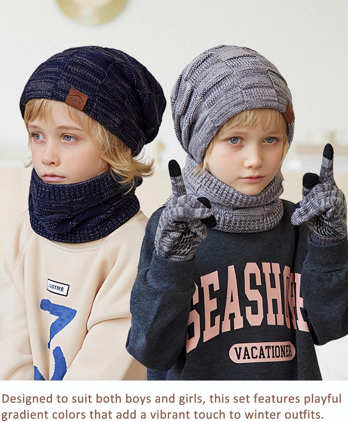 KMOLY Kids Winter Hat TouchScreen Gloves Scarf Set Warm Fleece Lined 4-10Y