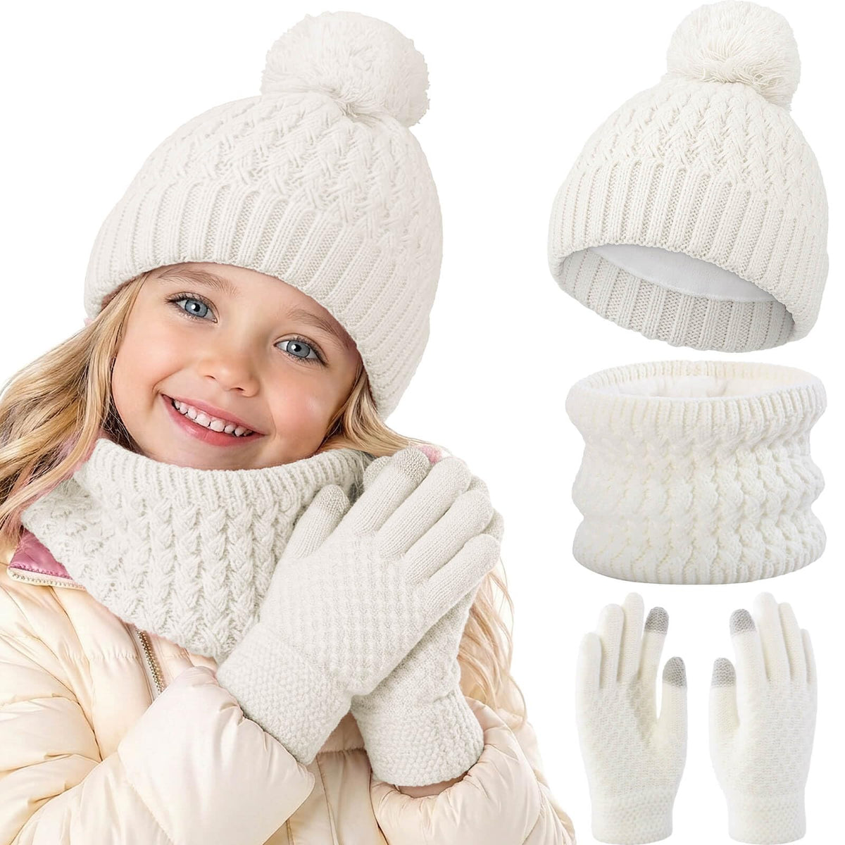 BQUBO Kids Winter Hat Gloves Scarf Set, Unisex Children Beanie Hat with Pom