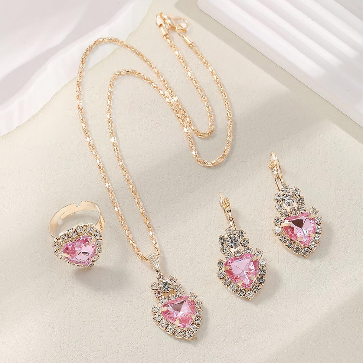 Women Earrings Necklace Ring Set Heart Pendant Lightweight Jewelry Set for Women