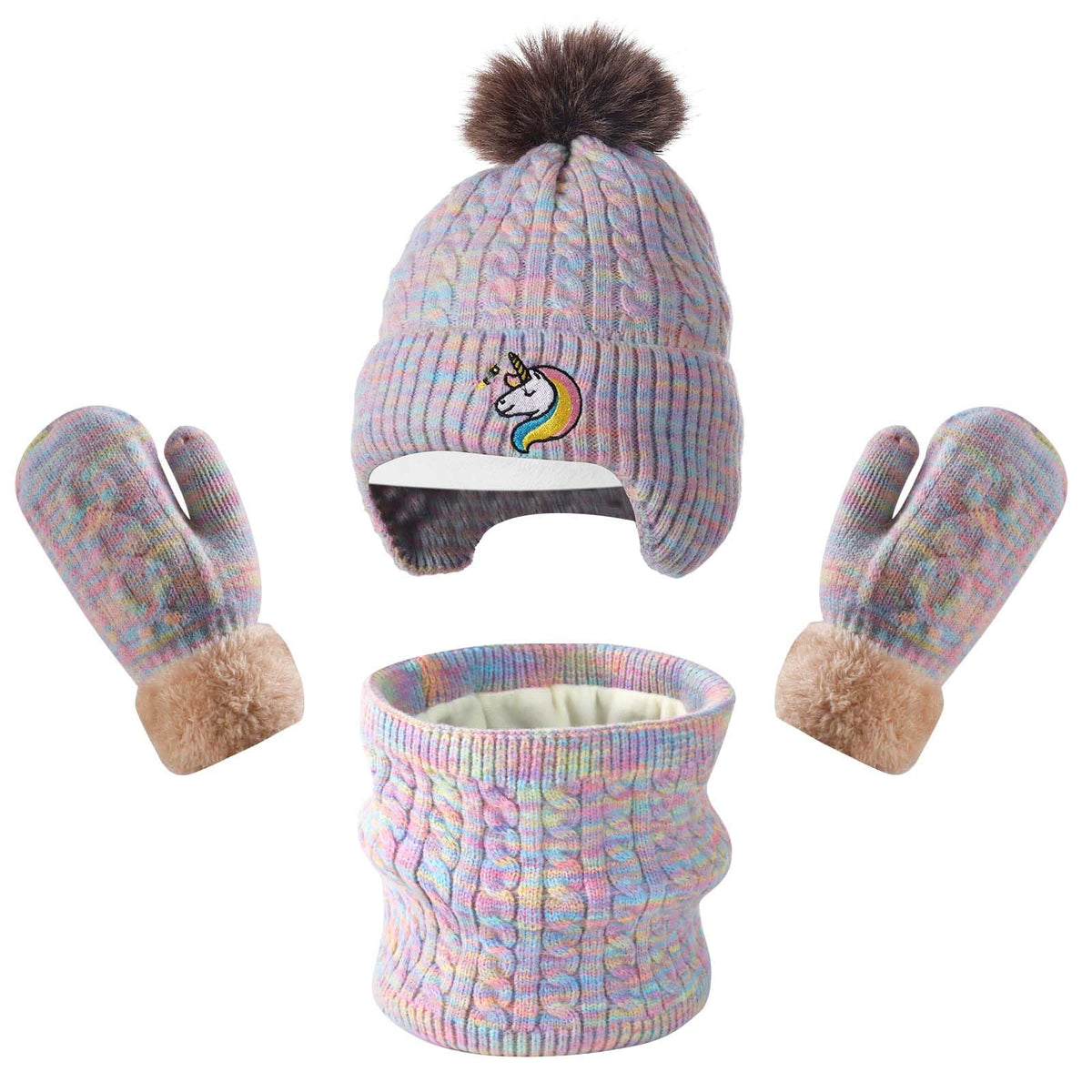 Kids Winter Hat Gloves Scarf Set for 2-14 Years Old Warm Fleece Lining