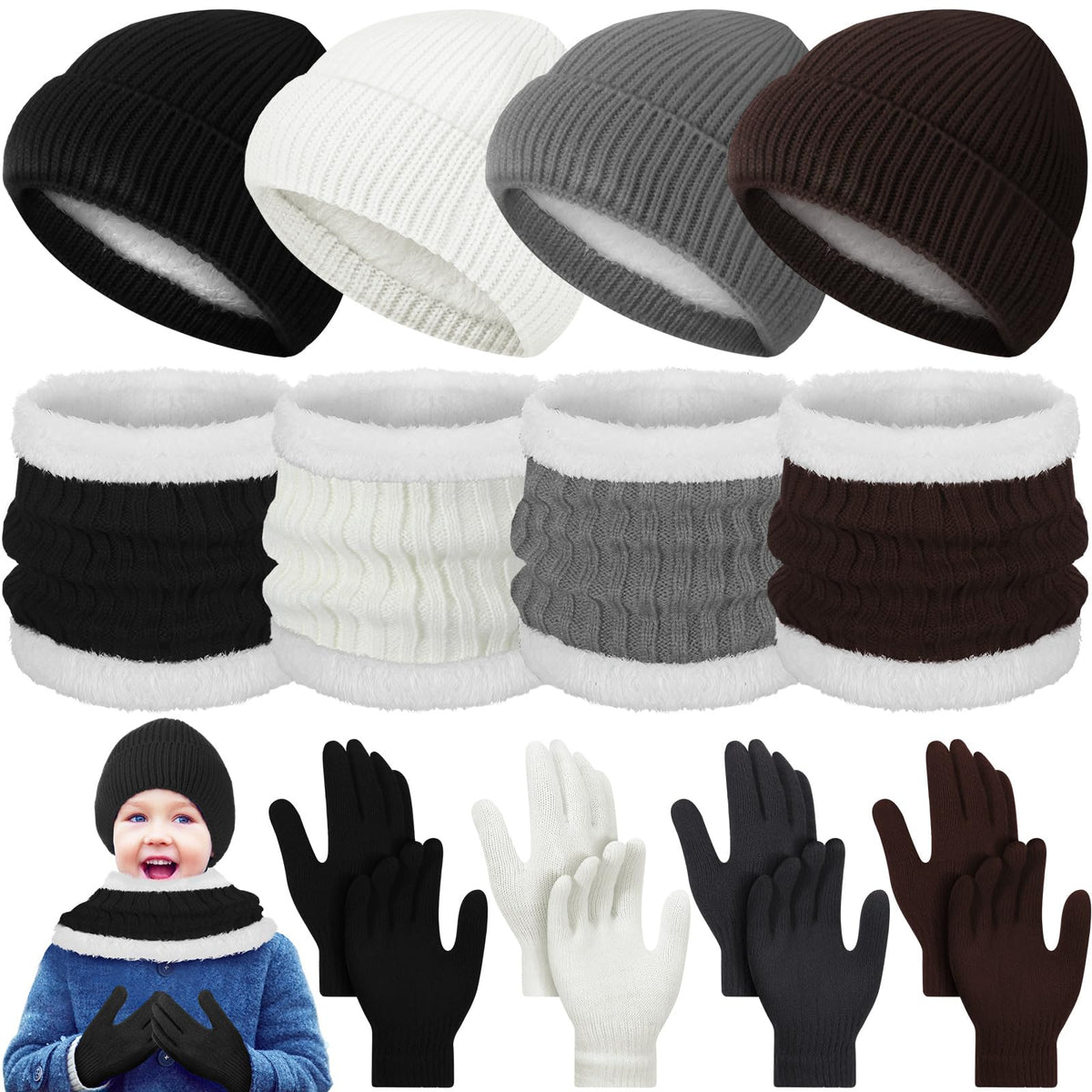 Geyoga 12 Pcs Kids Knitted Winter Hat Gloves Scarf Set for 5-8