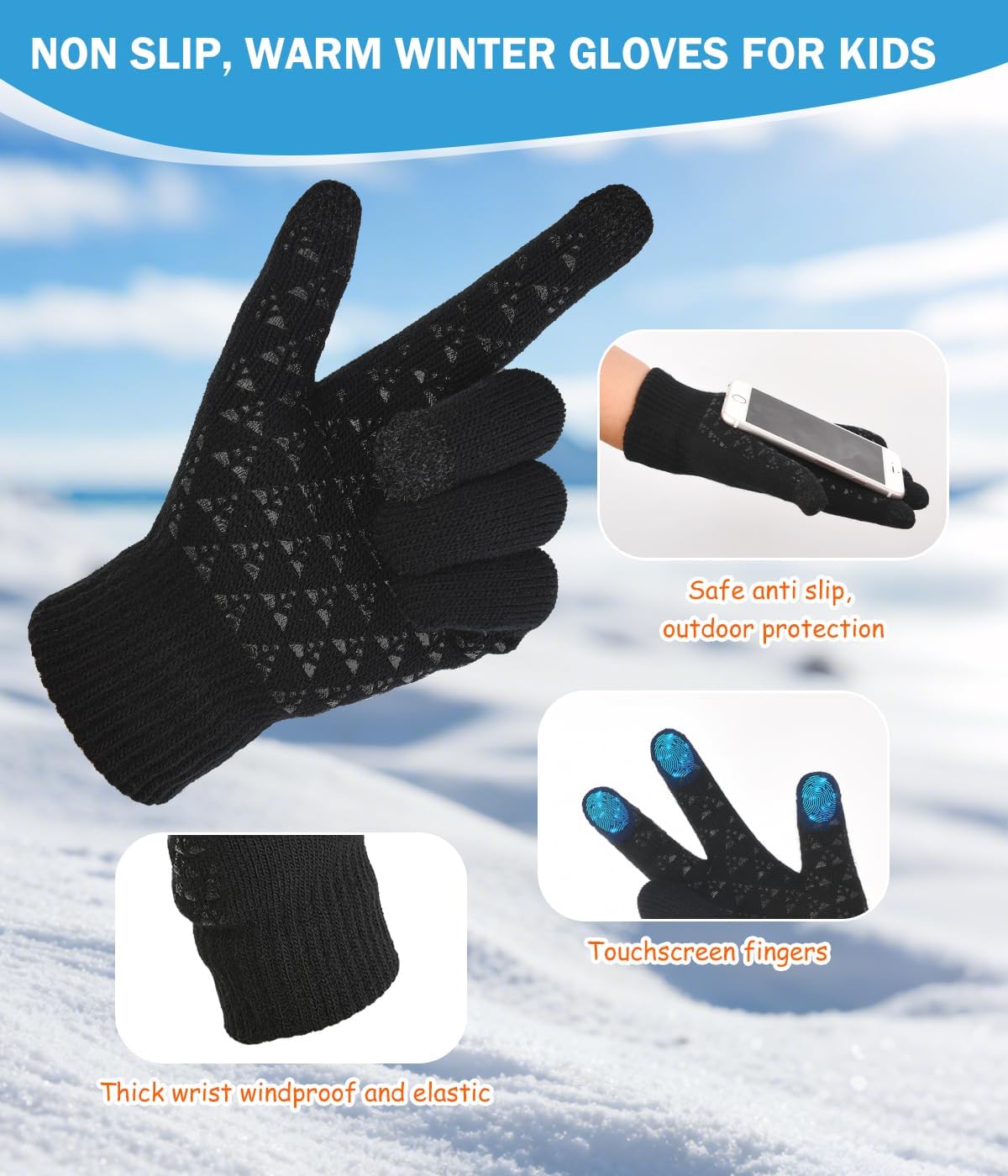 Kids Winter Hat Scarf&Touchscreen Gloves Set,Knitted Beanie with Fleece Lining, Neck Warmer for Boys Girls 4-15 Years