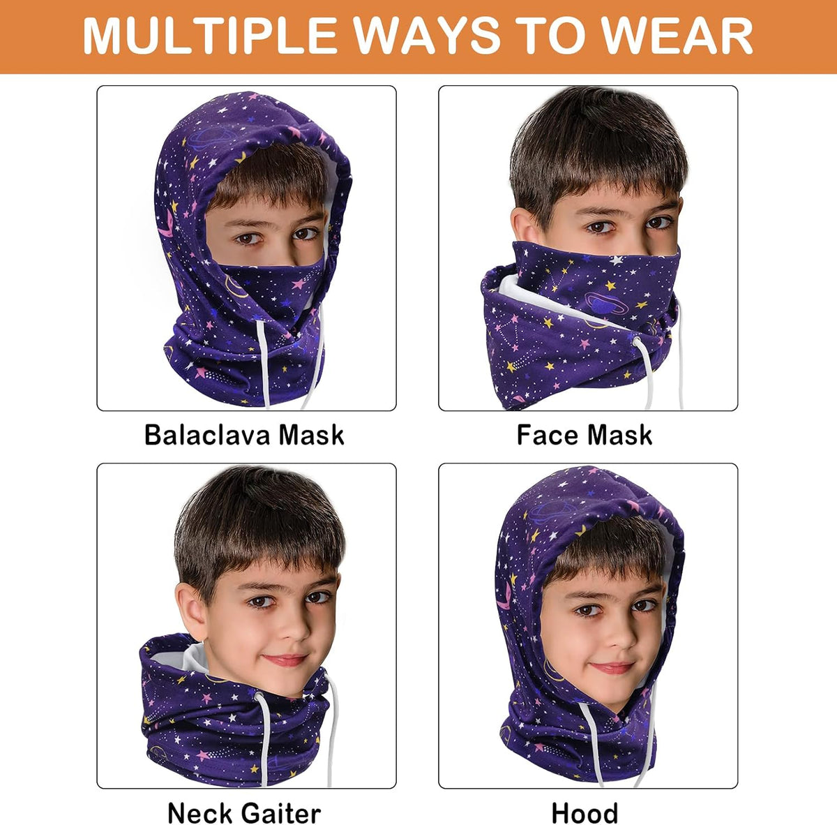Kids Winter Balaclava Windproof Hats (2 Pack), Warm Fleece Ski Mask Neck Warmer for Boys & Girls, Adjustable Full Face Cover