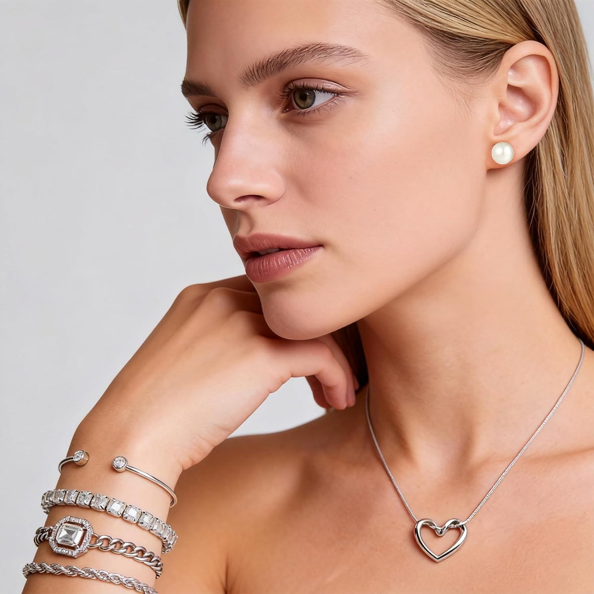 MEDOJO 84 Pcs Silver Jewelry Set for Women Pearl Necklace Silver Plated Necklace Bracelet Stackable Ring Earrings Set for Women