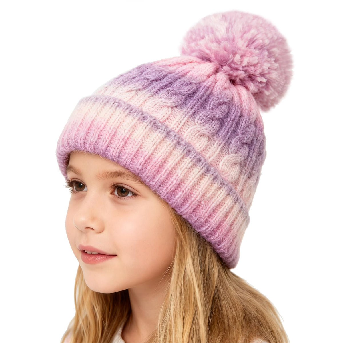 Girls Winter Hat Scarf Gloves Set, Toddler Fleece Lined Beanie Hat with Pom Rainbow Hat Scarf Mittens for Girl 4-15 Year