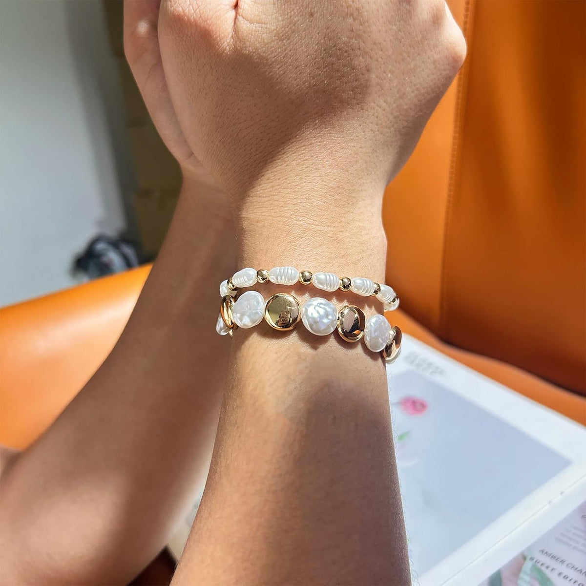 4 Sets Stackable Gold Plated Bracelets – Acrylic Pearl Stretch Multilayered Bracelet Set for Women, Multi Style Jewelry Gift
