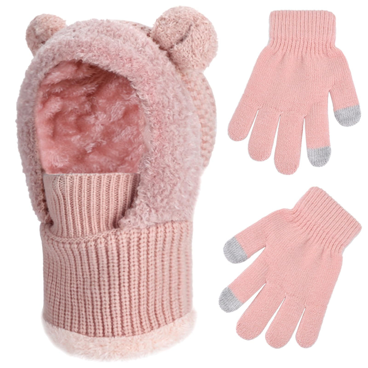 Kids Winter Balaclava Windproof Hats Gloves Set 3-in-1 Fleece Lined Hooded Scarf & Face Mask for Ages 2-8