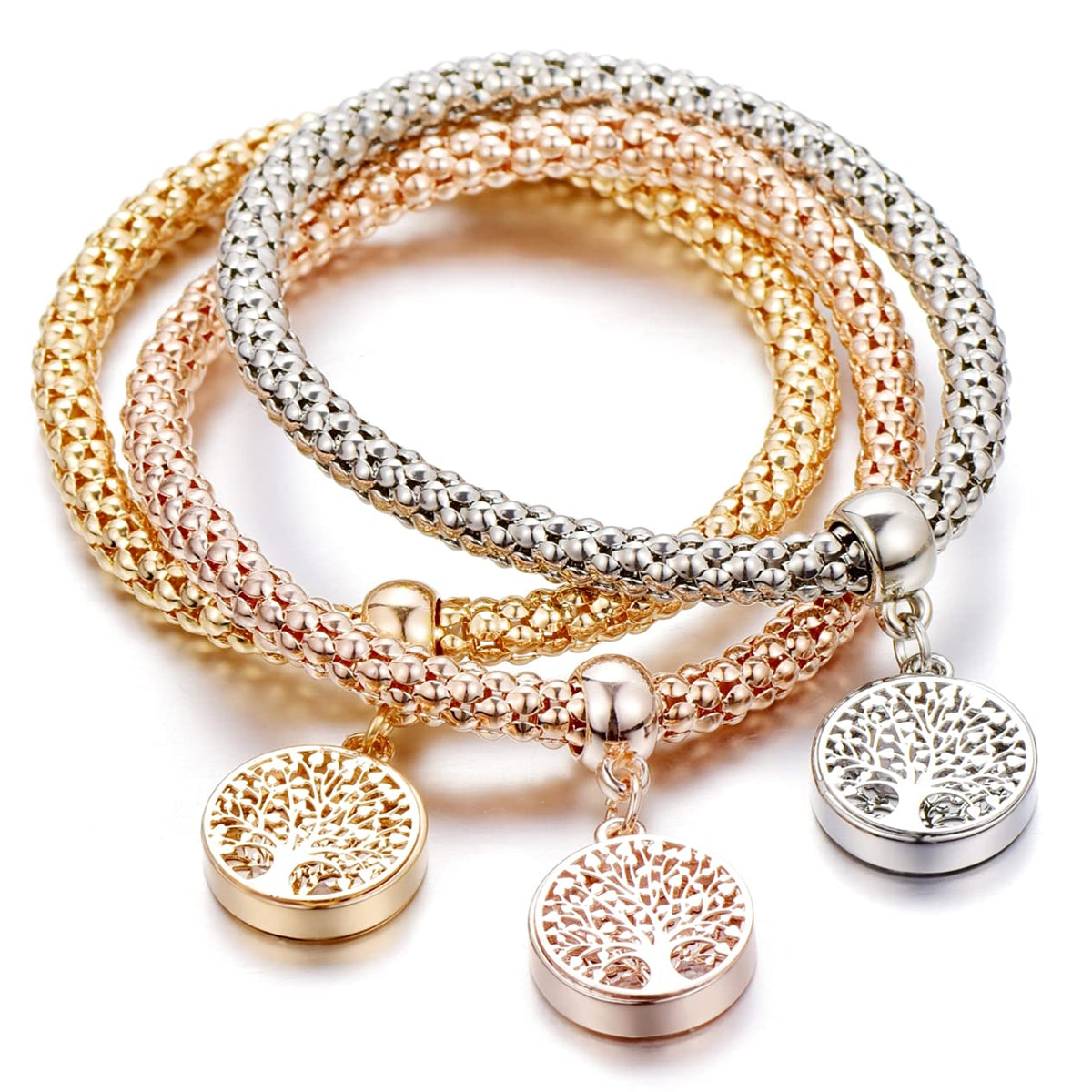 SILANER Crystal Charms Multilayer Bracelets - 3PCS Gold/Silver/Rose Gold Corn Chain Bracelet for Women, Tree of Life Heart Shaped Stretch Bracelet