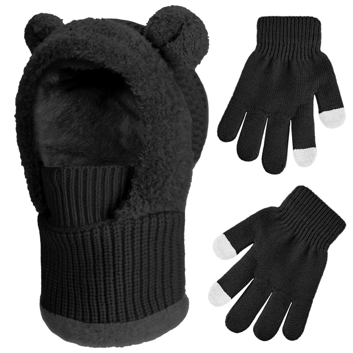 Kids Winter Balaclava Windproof Hats Gloves Set 3-in-1 Fleece Lined Hooded Scarf & Face Mask for Ages 2-8