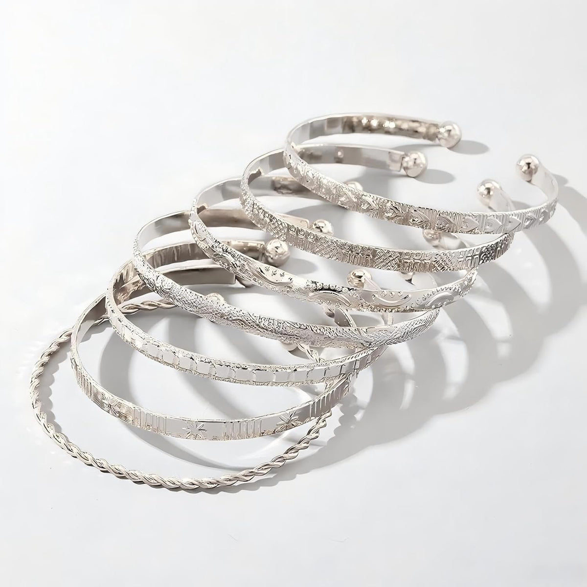 Bangle Bracelet for Women, 7 Pcs Silvery Plated Dainty Layered Chain, 14K Layer Stackable Cuff Bracelet Set (Silvery)