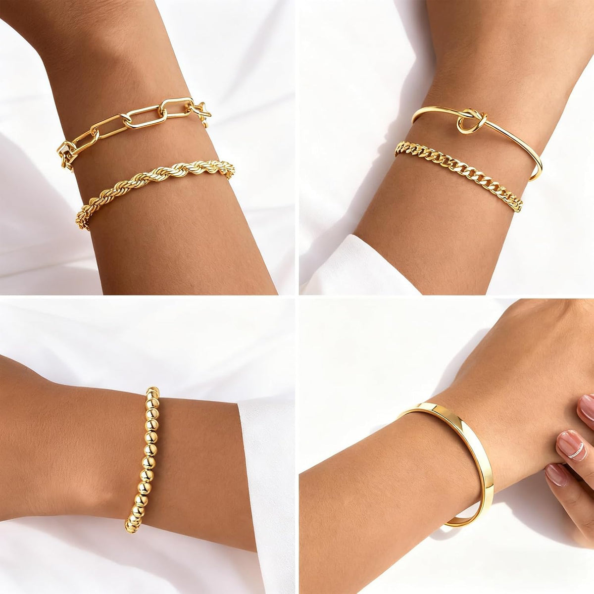 Gold Bracelets for Women, 5 Pcs Non-Tarnish Gold Plated Stackable Bangles with Beaded, Knot, Twisted, Cuff & Chain Designs, Everyday Jewelry Gifts