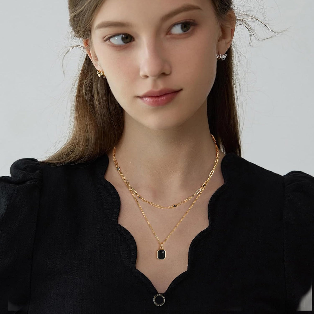 Gold Layered Necklaces for Women, 18k Gold Plated Crystal Necklace Paperclip Choker Emerald Green Jewelry for Women Gifts