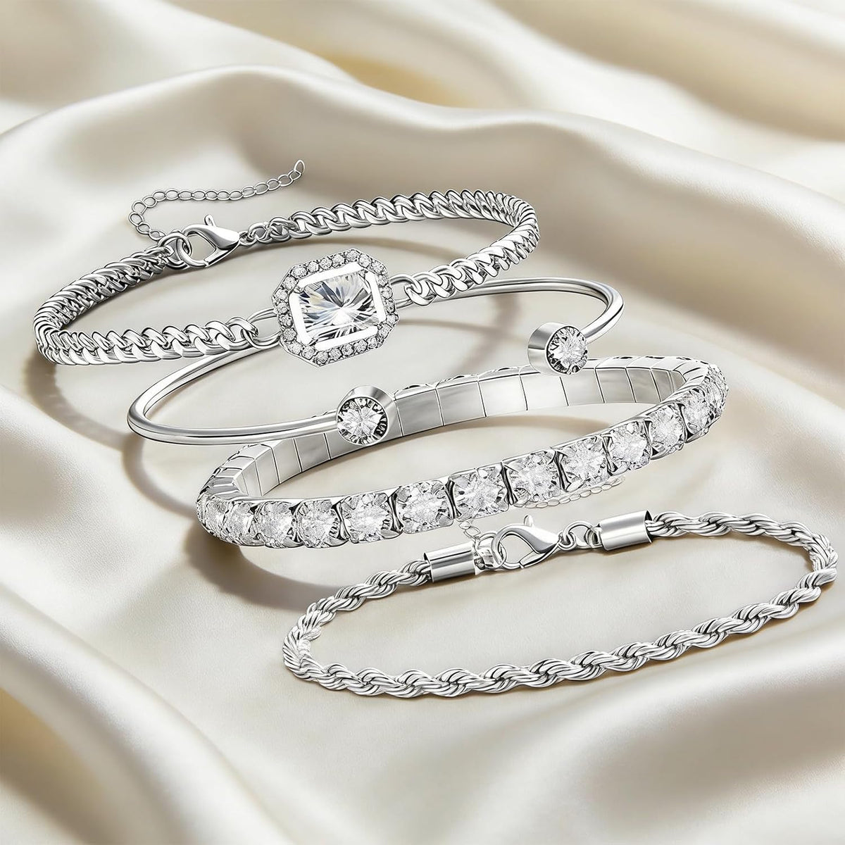 4 Pcs Silver Plated Stackable Bracelets Set for Women Cubic Zirconia Tennis Rope Chain Layering Bangle Adjustable Jewelry