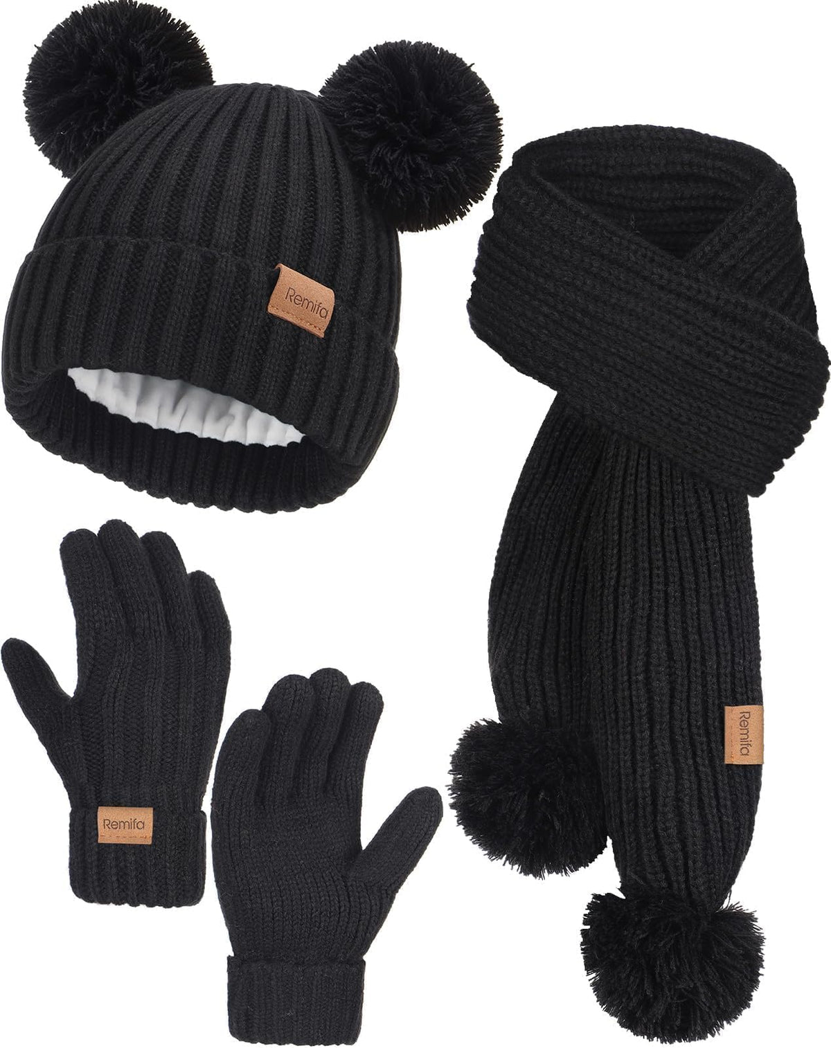 Remifa Kids Winter Hat Gloves Scarf Set, Toddler Girls Boy Fleece Lined PomPom Beanie Hat Kint Neck Long Scarf Warm Mittens
