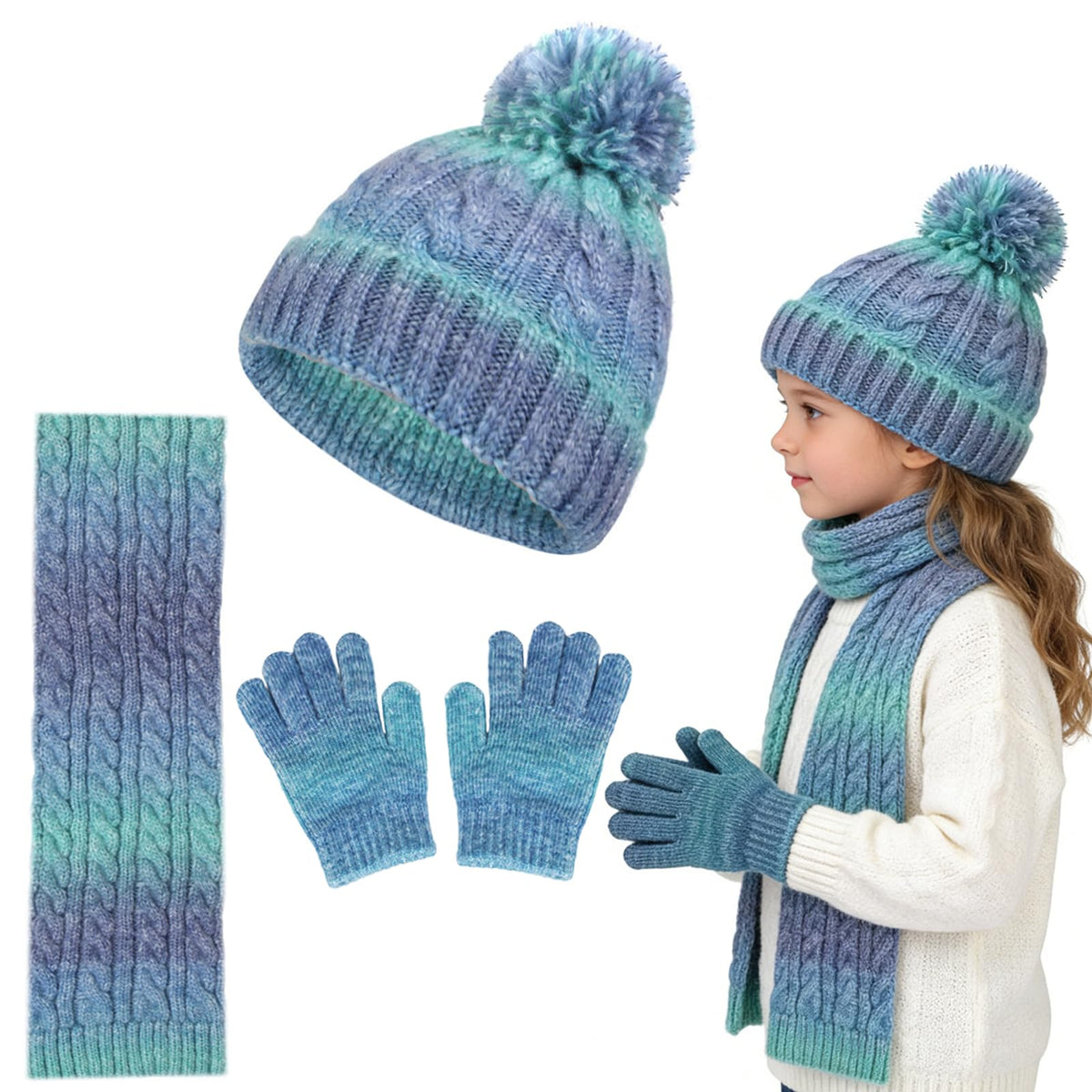 Kids Winter Beanie Hat Gloves Scarf Set, Girls Toddler Children Beanie Hats Gloves Knit Set Neck Warmer for Girls 2-8 year