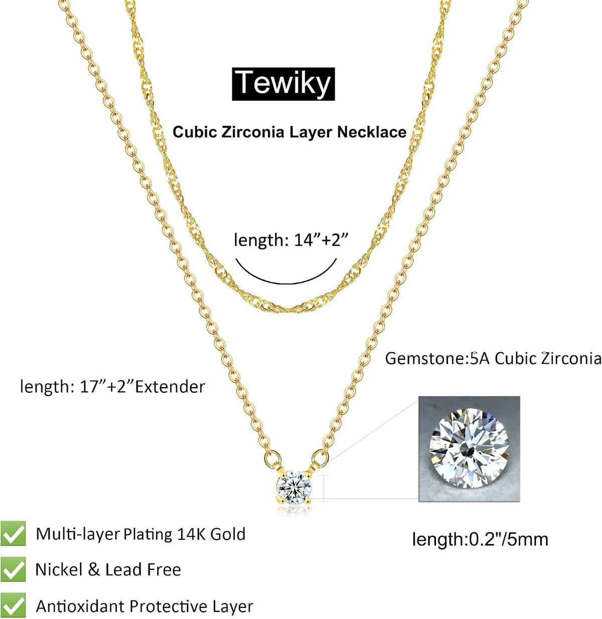 Tewiky Dainty 14k Gold Plated/Silver Cubic Zirconia Necklaces for Women