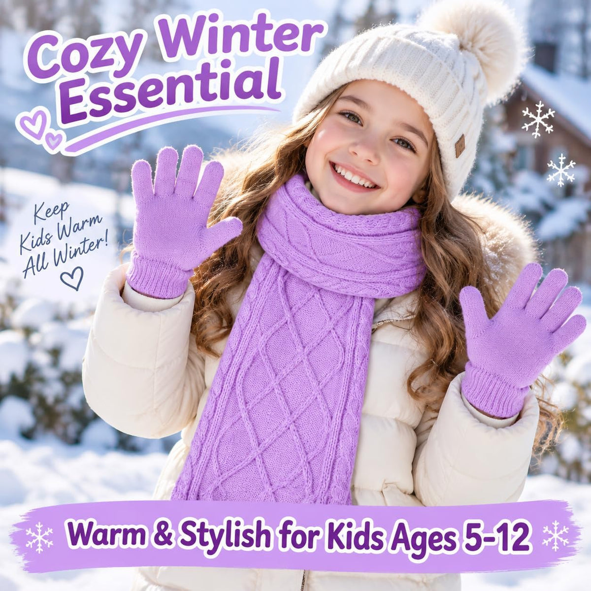 Kids Winter Gloves Scarf Set, Girls Fleece Lined Cable Knit Neck Warmer with Warm Mittens Cold Weather Gifts for Ages 7-14