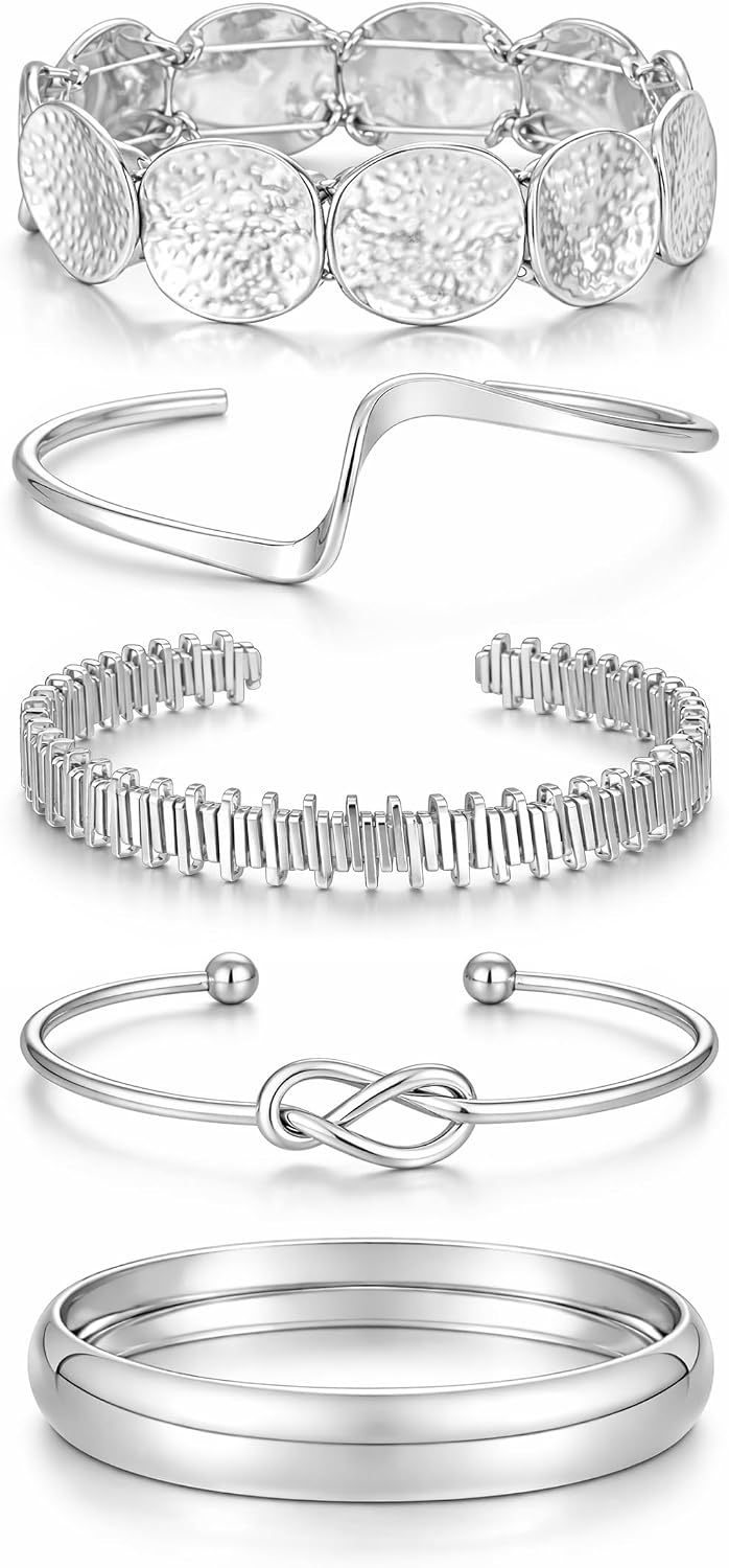 5Pcs Gold Bangle Bracelets for Women, Chunky Stackable Cuff Bracelet Set