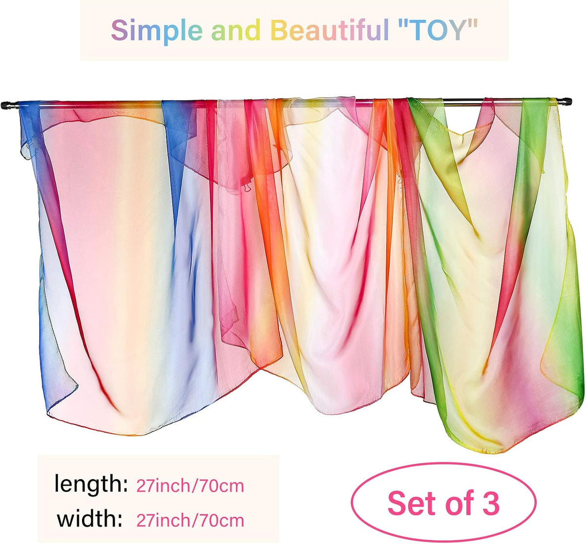 Geyoga 3 Pcs Square Play Scarf 27 Inch Rainbow Sweet Silks Dance Juggling Scarf for Kids Pretend Creative Play, Dress up and Childhood Fun