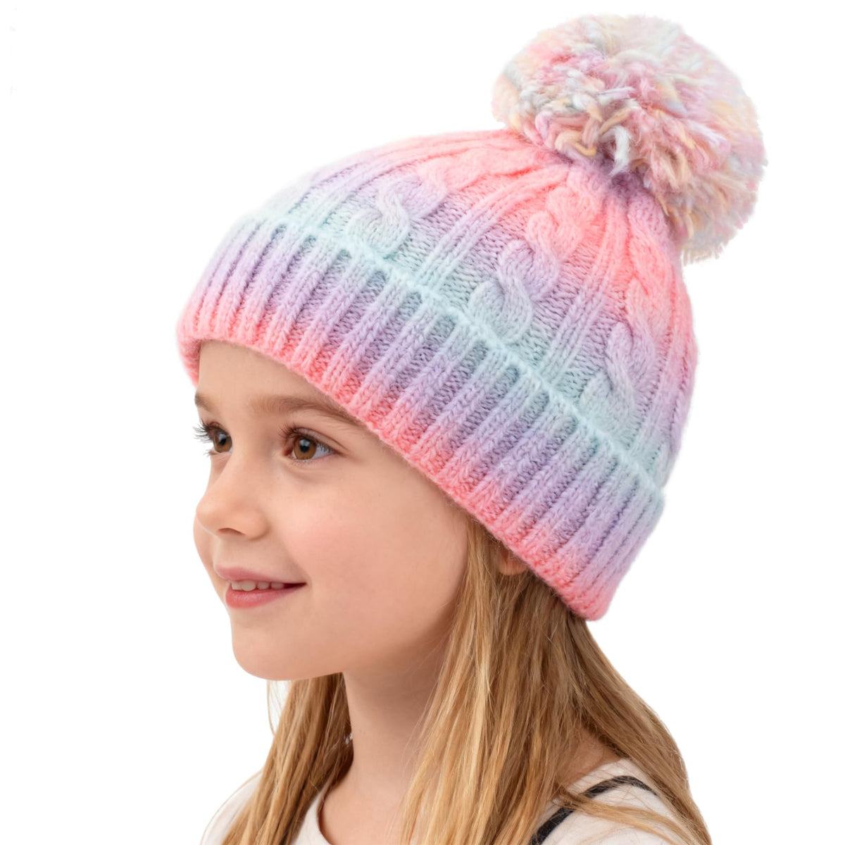 Girls Winter Hat Scarf Gloves Set, Toddler Fleece Lined Beanie Hat with Pom Rainbow Hat Scarf Mittens for Girl 4-15 Year