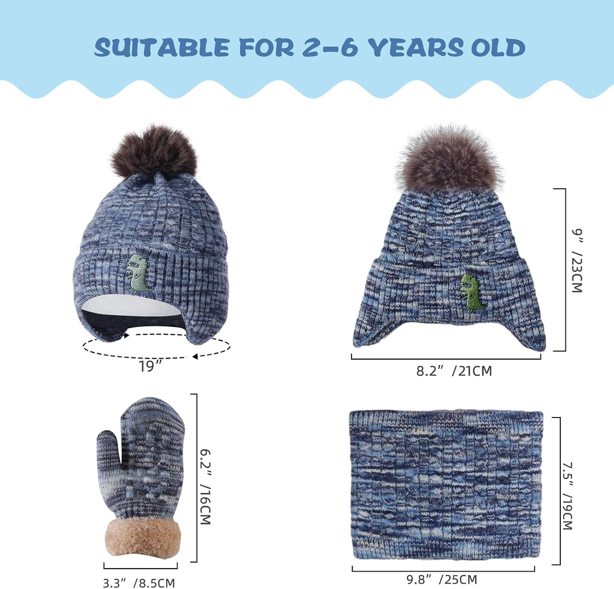 Kids Winter Hat Gloves Scarf Set for 2-14 Years Old Warm Fleece Lining