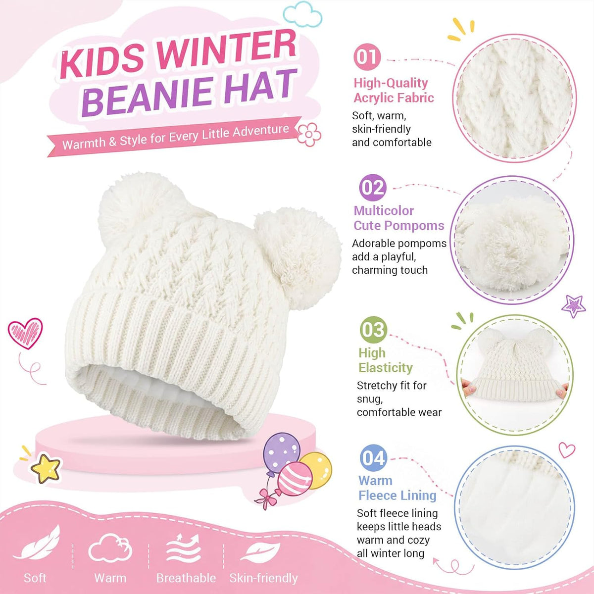 BQUBO Kids Winter Hat Gloves Scarf Set, Unisex Children Beanie Hat with Pom