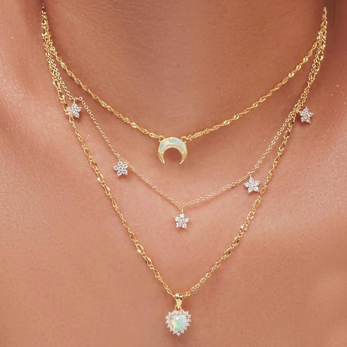 Layered Gold Necklaces for Women, 14K Gold Plated Stackable Stack Choker Necklaces Trendy Layering Moon Pendant Chain Necklace Set Jewelry for Mother