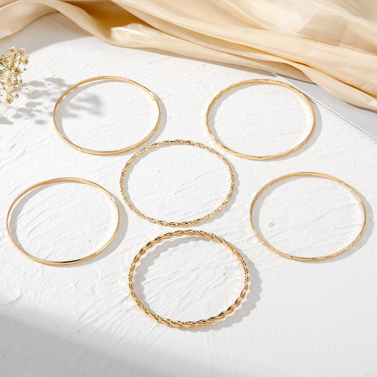 6 Pcs Gold Plated Bracelet Set for Women: Bangles, Cuffs & Dainty Chains | 14K Mixed Stackable Bracelets for Layered Look, Complete Jewelry Collection Gift