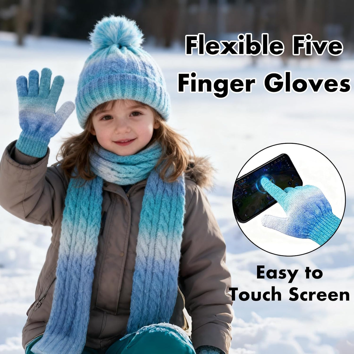 Kids Winter Beanie Hat Gloves Scarf Set, Girls Toddler Children Beanie Hats Gloves Knit Set Neck Warmer for Girls 2-8 year