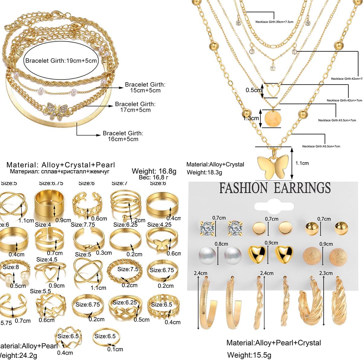 139pcs Gold Jewelry Set Costume Jewelry With 11 PCS Necklace, 16 PCS Bracelet, 90 PCS Stud Hoop Earring 22 Pcs Rings for Women Friendship Gift Set