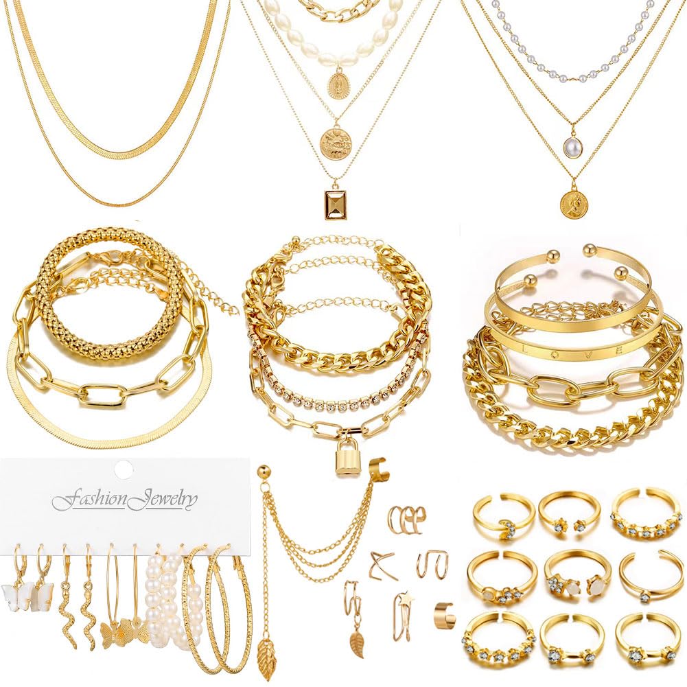 60 PCS Gold Jewelry Set with Multi-Layered Bracelet Necklace, Dangle Earrings, Stackable Ring For Women Valentine Anniversary Jewelry Pack Gifts For Her