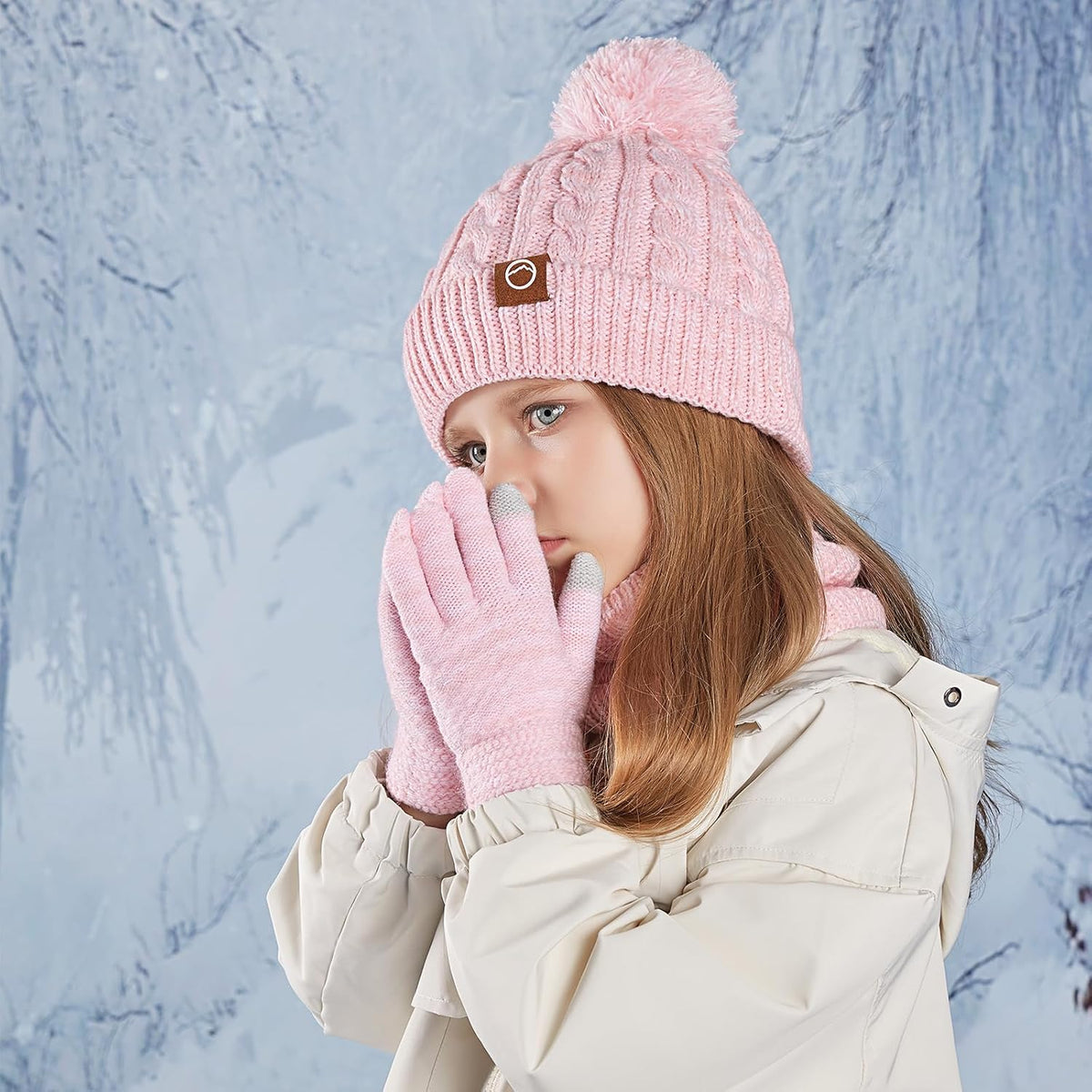 ZOORON Kids Winter Hat Gloves Scarf Set, Girls Boys Hats Beanie with Pom
