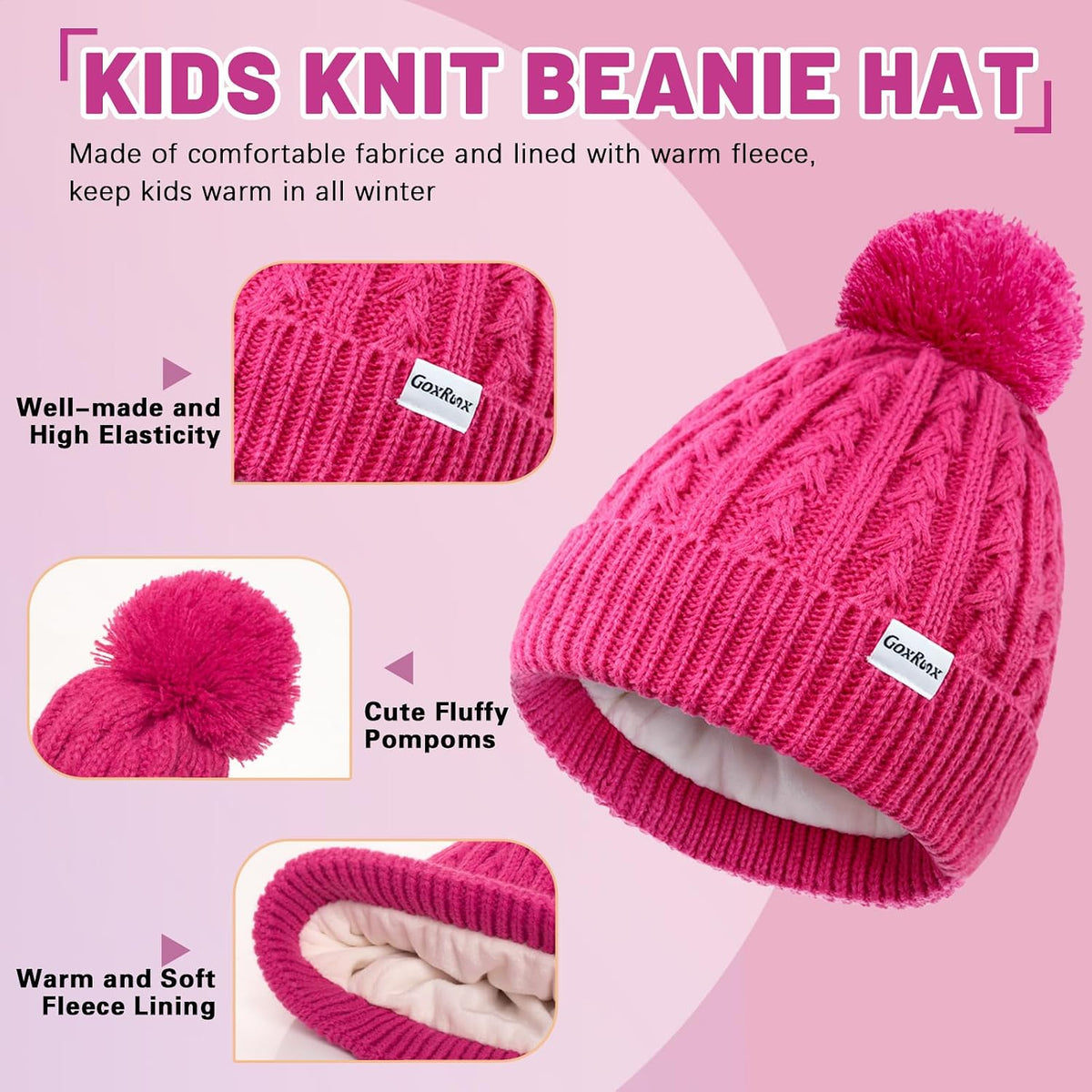 Kids Winter Hat Gloves Scarf Set, Girls Boys Winter Beanie Hat Mittens Scarf Knit Set with Thick Fleece Lined for Children