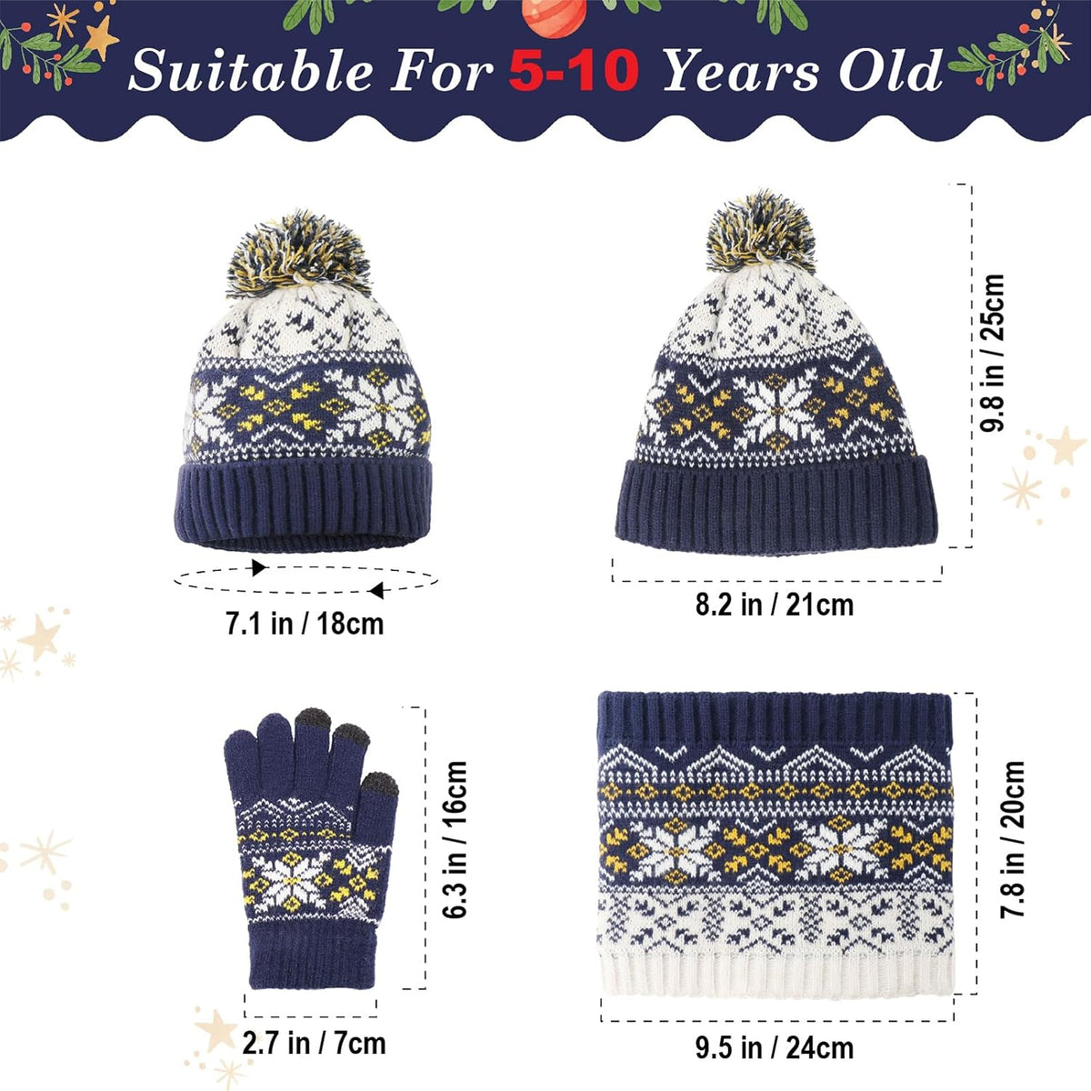 Boys Girls Winter Hat Gloves Scarf Set for 5-10 Years Old, Christmas Gifts for Kids Children's Beanie, Soft Knit Neck Warmer