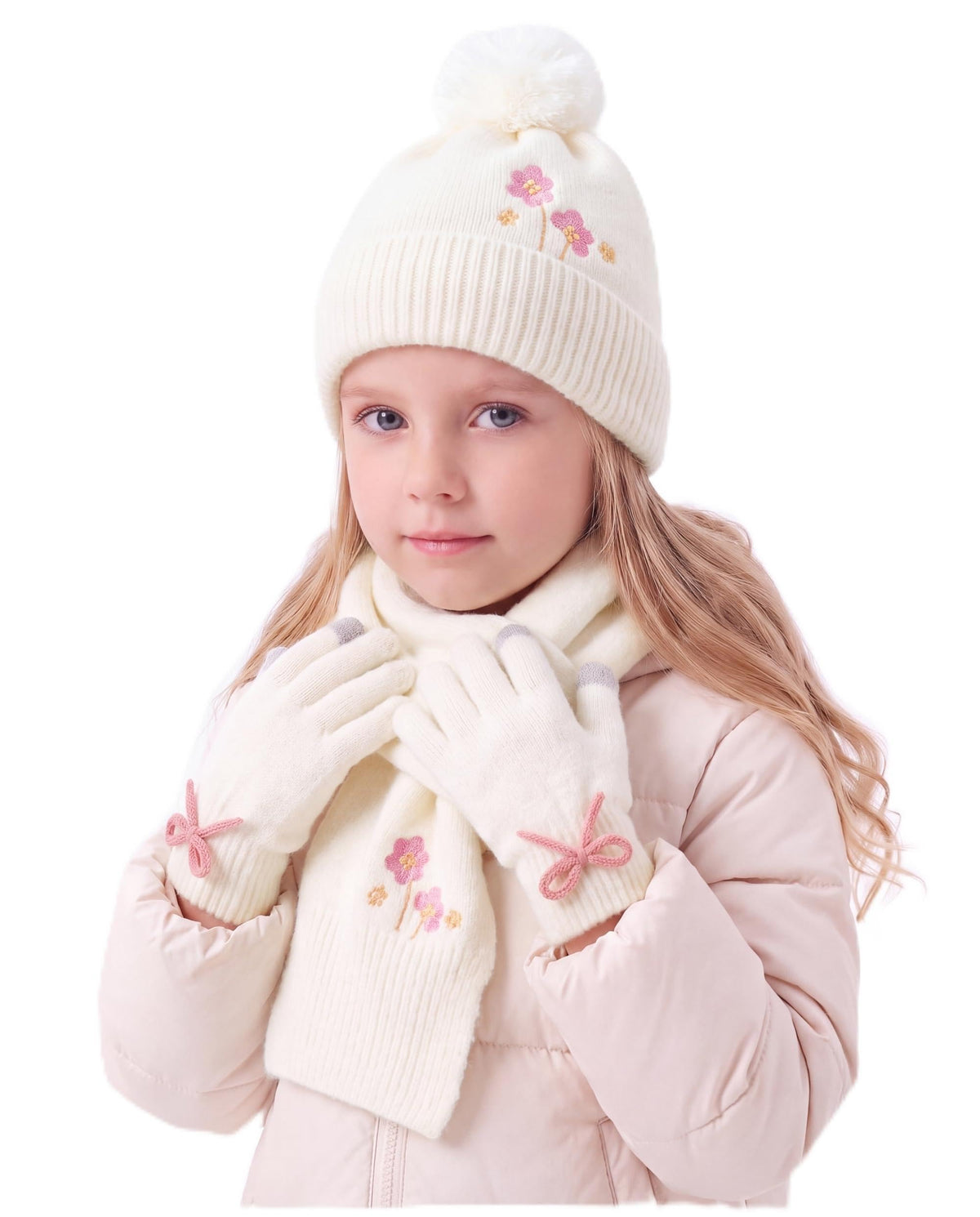 Connectyle Girls Winter Hat Scarf Gloves Set Warm Fleece Lined Pom Beanie