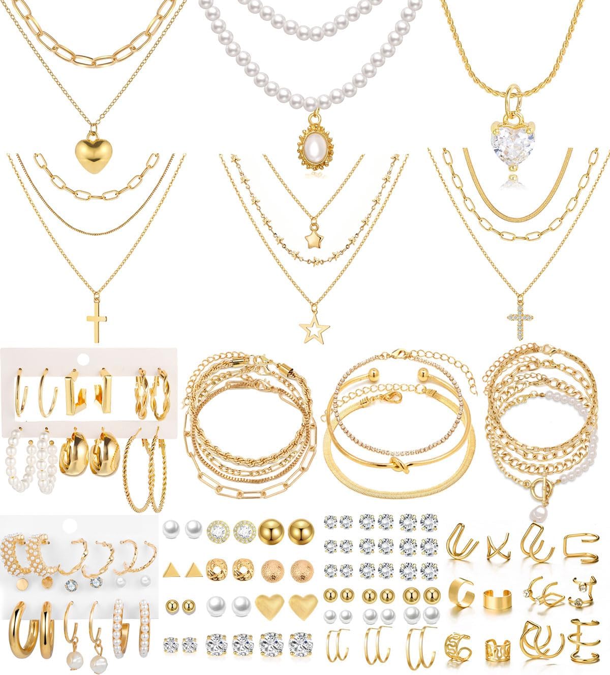 120PCS Gold Jewelry Sets For Women, With 7 Necklace,12 Bracelet,30pcs Hoop Earring,59pcs stud earrings and 12pcs cuff Ear Earrings Friendship for Happy Gifts