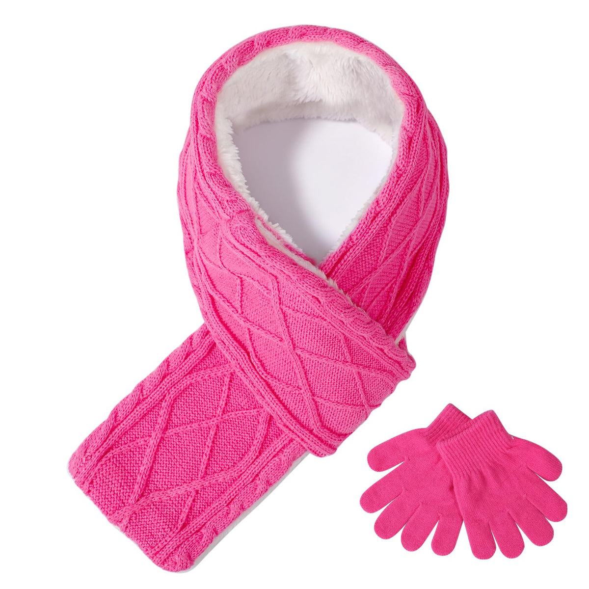 Kids Winter Gloves Scarf Set, Girls Fleece Lined Cable Knit Neck Warmer with Warm Mittens Cold Weather Gifts for Ages 7-14