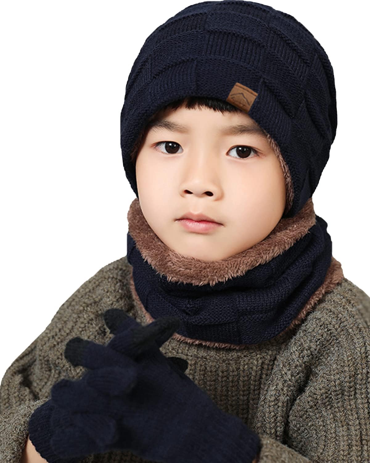 3Pcs Winter Hats Neck Warmer Scarf and Touch Screen Gloves Set for Kids