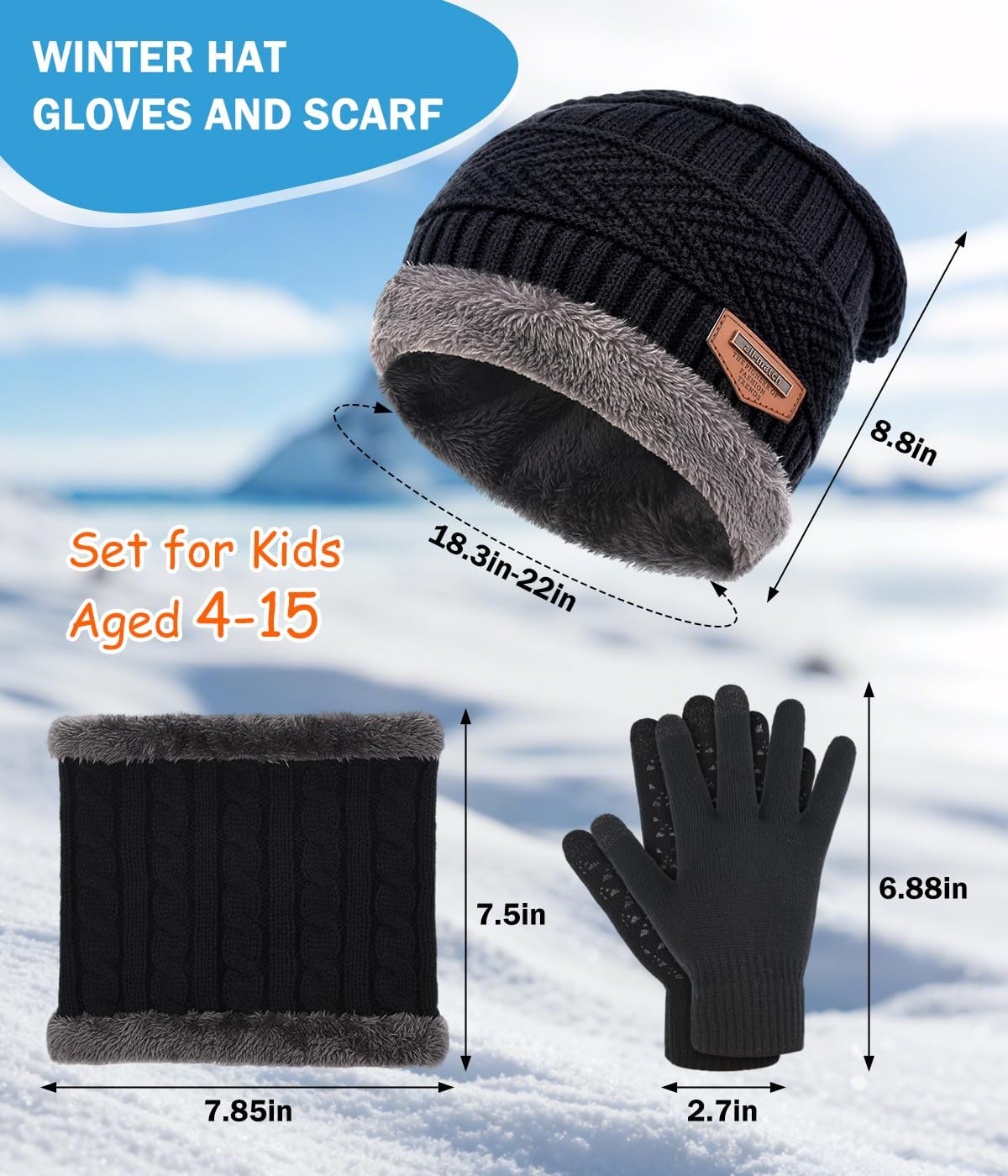 Kids Winter Hat Scarf&Touchscreen Gloves Set,Knitted Beanie with Fleece Lining, Neck Warmer for Boys Girls 4-15 Years