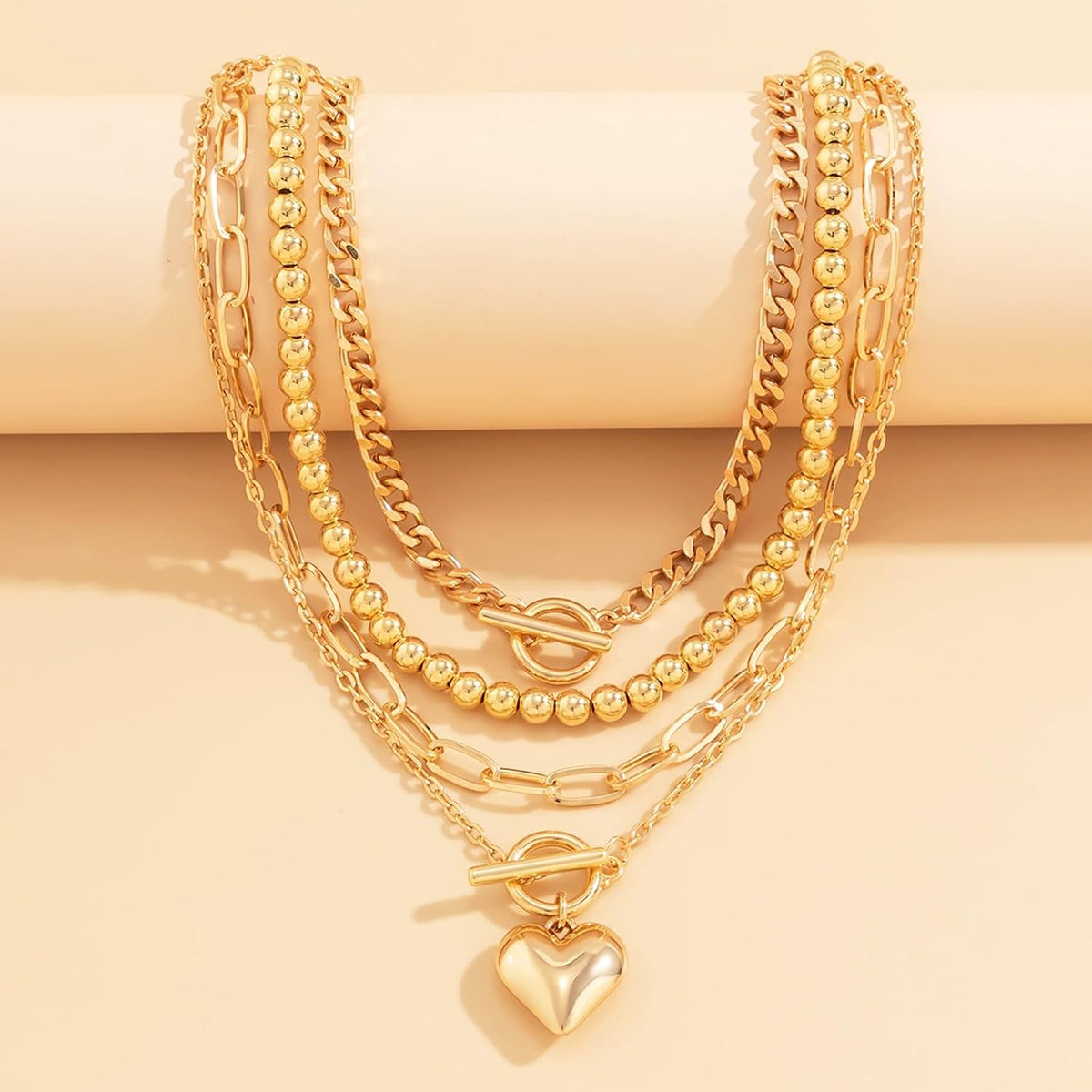 Women's Hip Hop Necklace Set - 4-Piece Chunky Chain Jewelry with Beaded Choker, T-Bar Toggle Clasp, Paperclip, Herringbone & Cuban Link Ropes for Edgy Style