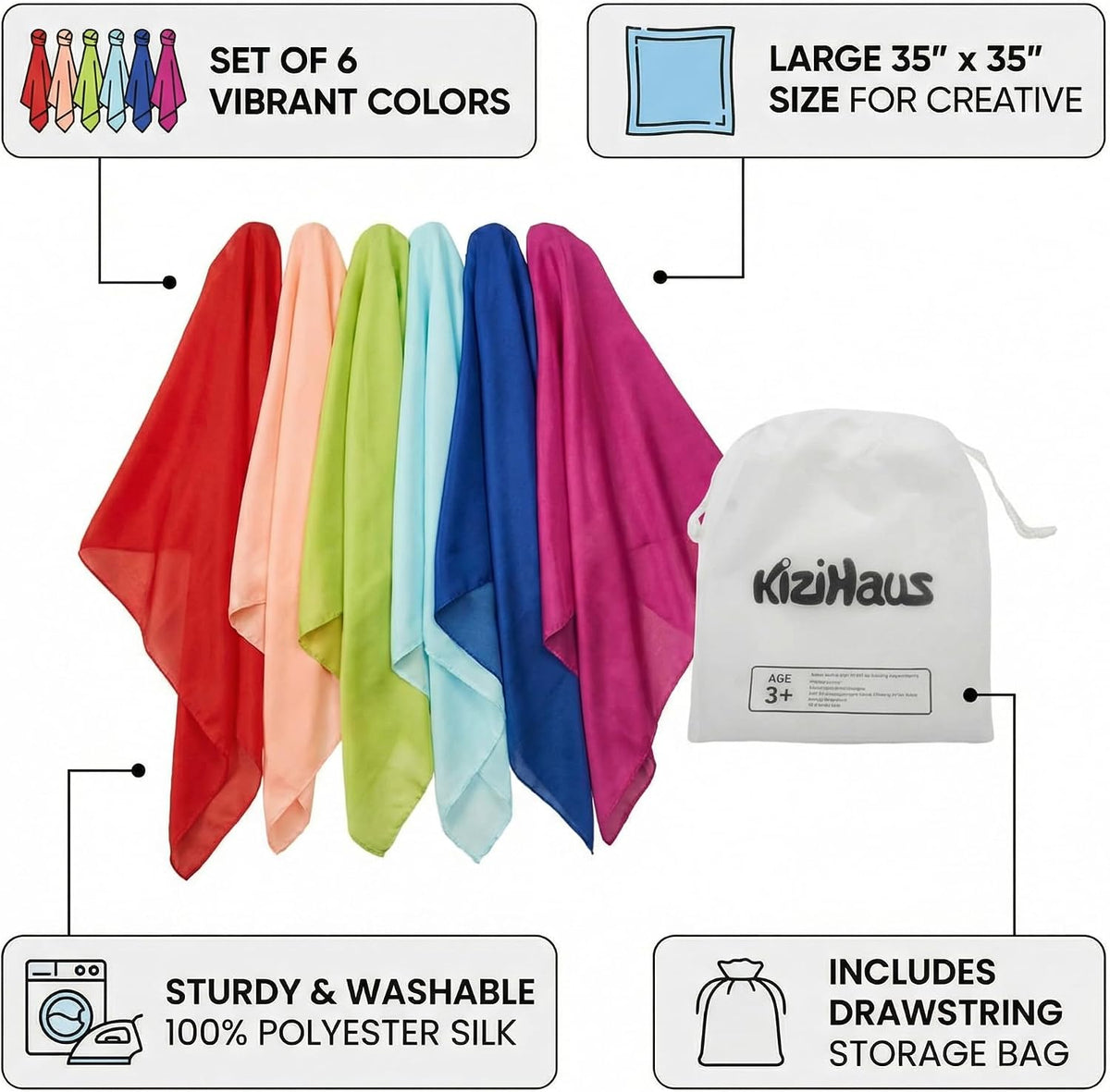 Play Scarves Set of 6 with a Storage Bag for Kids