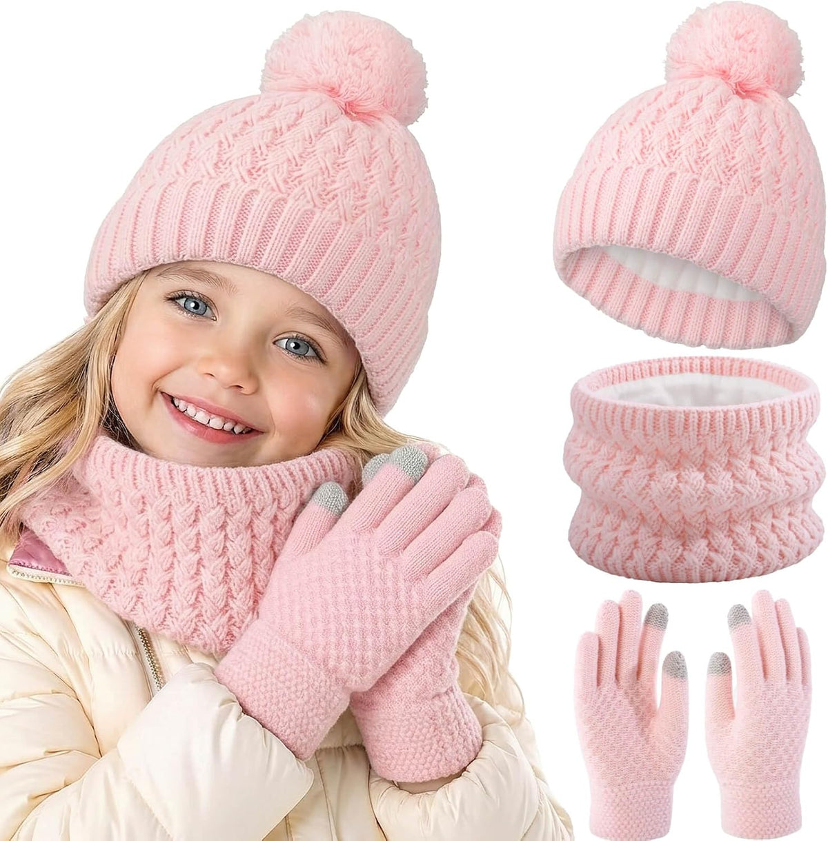 BQUBO Kids Winter Hat Gloves Scarf Set, Unisex Children Beanie Hat with Pom