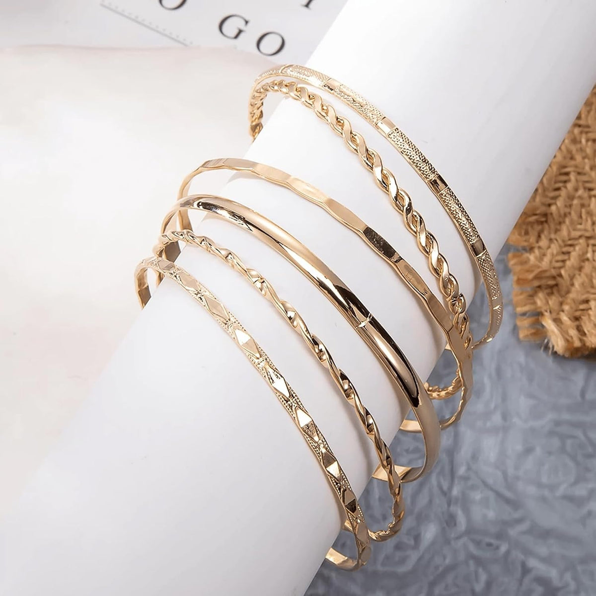 6 Pcs Gold Plated Bracelet Set for Women: Bangles, Cuffs & Dainty Chains | 14K Mixed Stackable Bracelets for Layered Look, Complete Jewelry Collection Gift